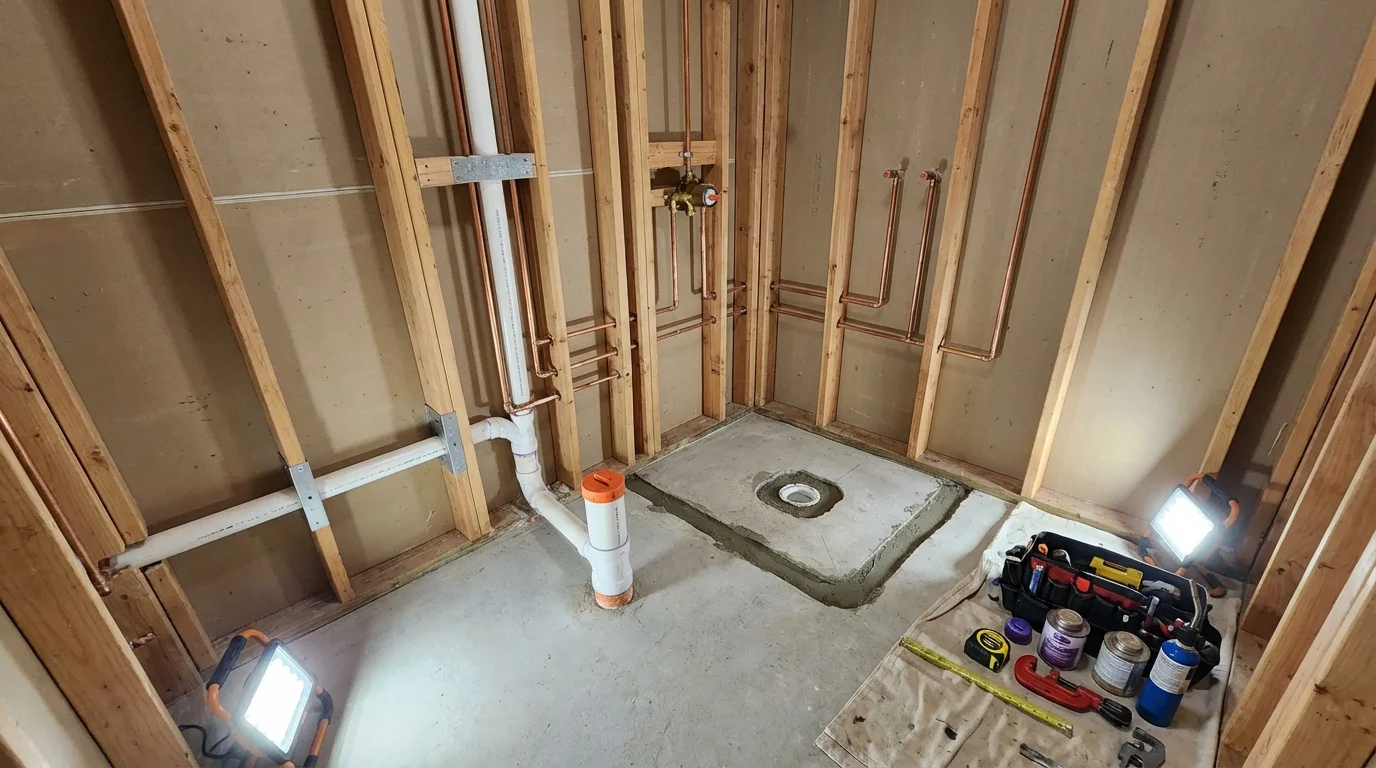 Bathroom rough-in plumbing during remodel by Johns Plumbing LLC in Terrebonne