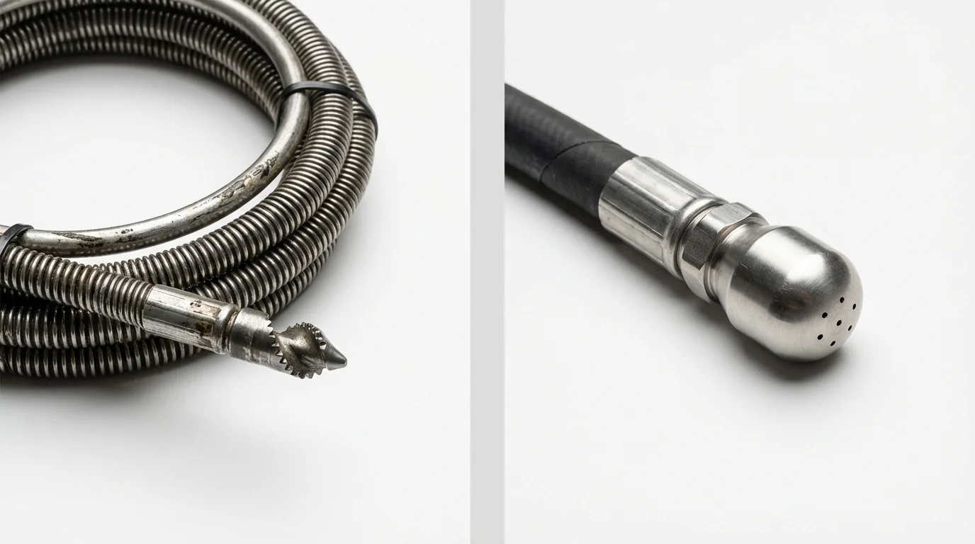 Drain snake cable and hydro jetting nozzle used for drain cleaning in Terrebonne, OR