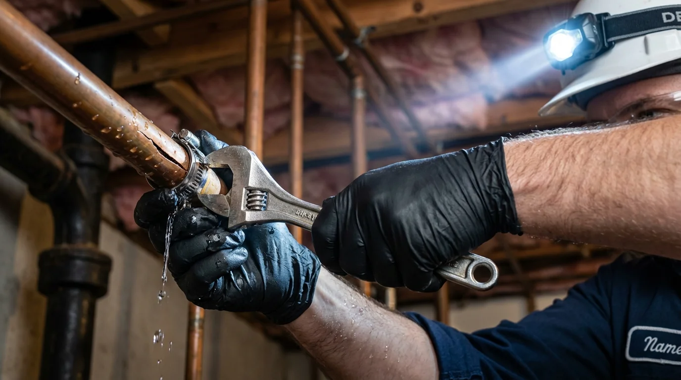 Emergency pipe clamp repair being performed by a Johns Plumbing LLC plumber in Terrebonne