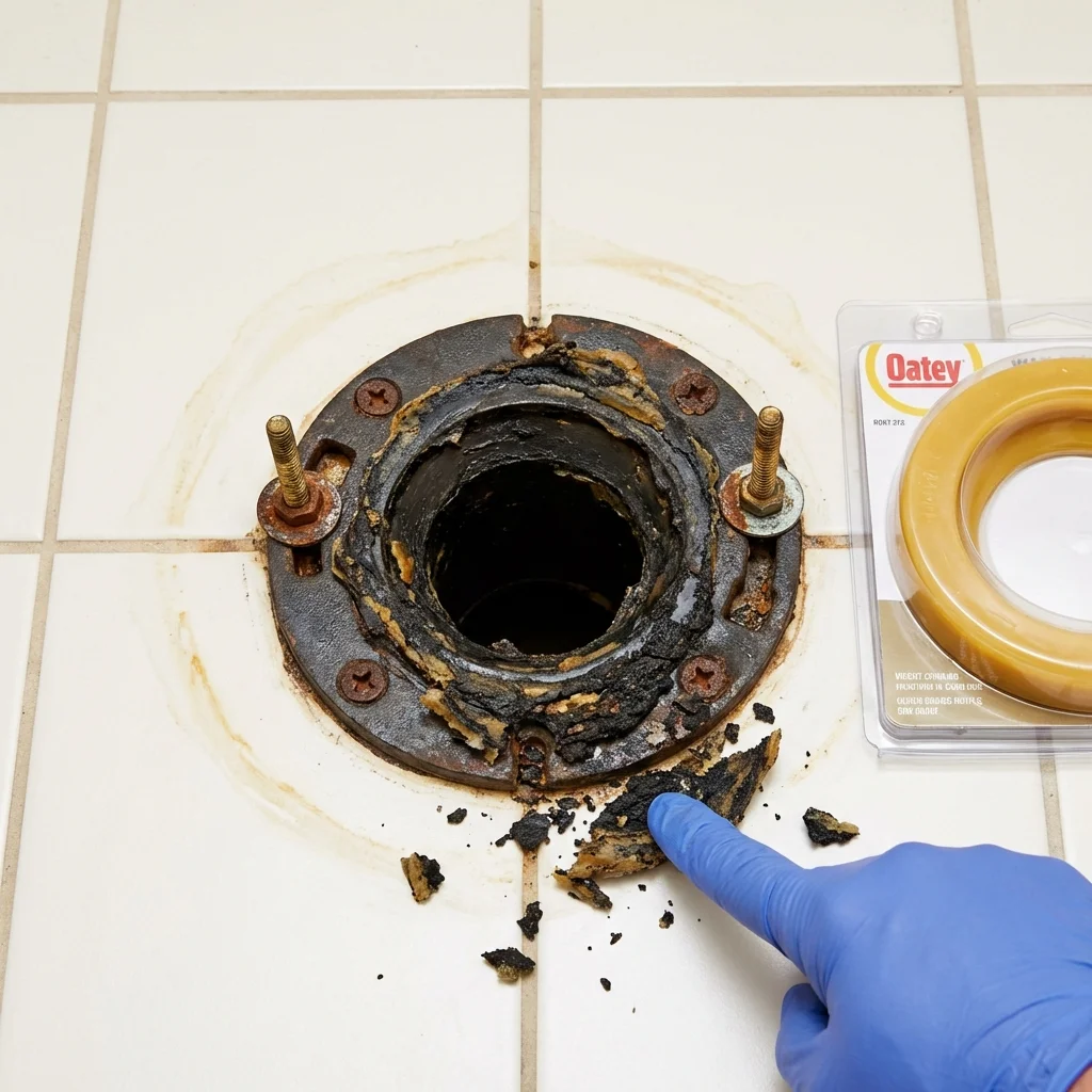 Failed wax ring showing water seepage at the base of a toilet in a Terrebonne, OR home