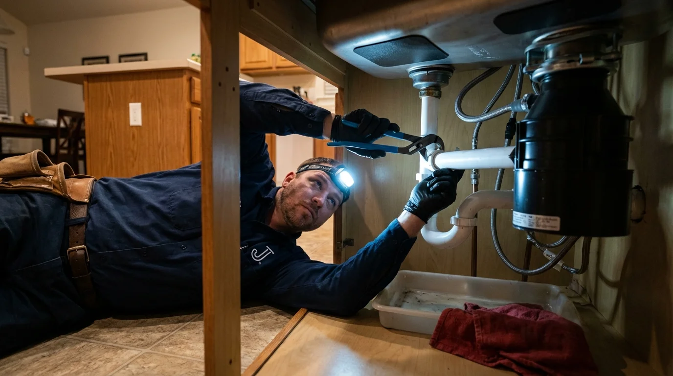 P-trap and supply line connections under a kitchen sink showing a common leak point in Terrebonne, OR